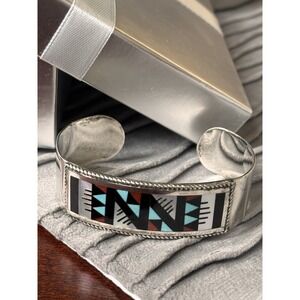 Signed Zuni Leander Lisa Othole SterlingSilver Inlay Cuff Bracelet Turquoise Vtg